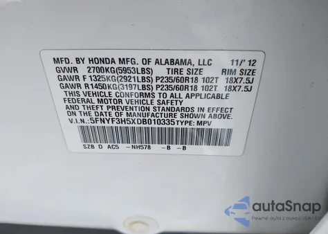 2013 Honda Pilot Ex-L from USA, damaged, VIN 5FNYF3H5XDB010335